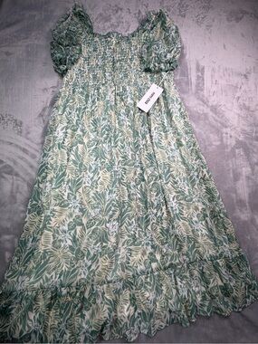 Mimi Chica Green Women’s Summer Beach Dress Floral Smocked Puff-Sleeve 2X (L)